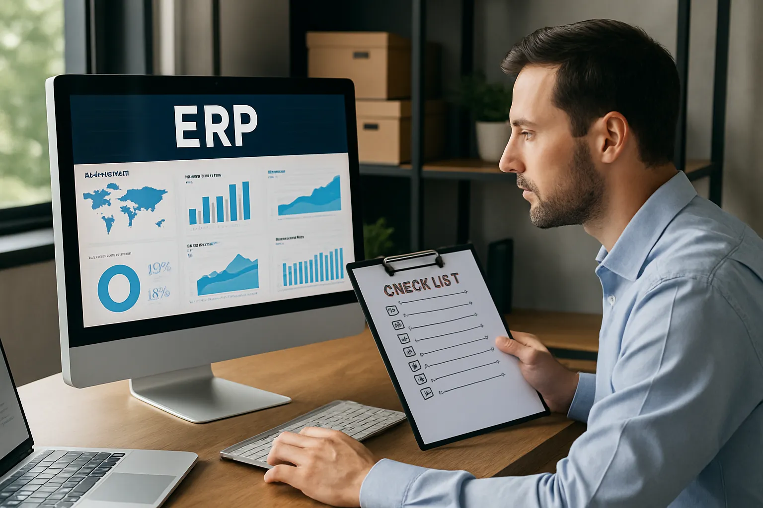 Business manager reviewing ERP dashboards and checklists in India to select ERP system that fits company operations