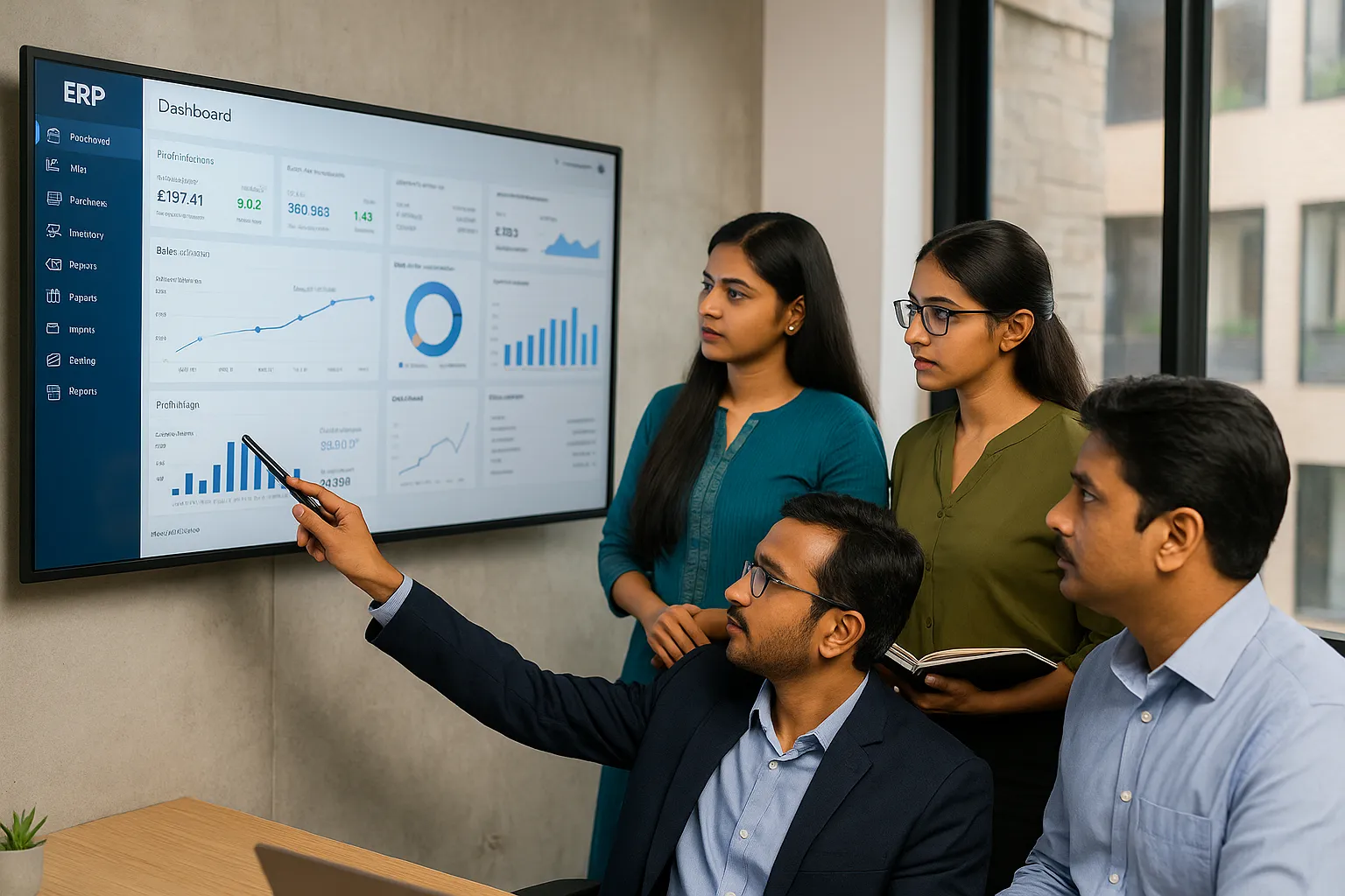 Four Chennai-based business owners analyzing ERP system comparison on a touchscreen dashboard