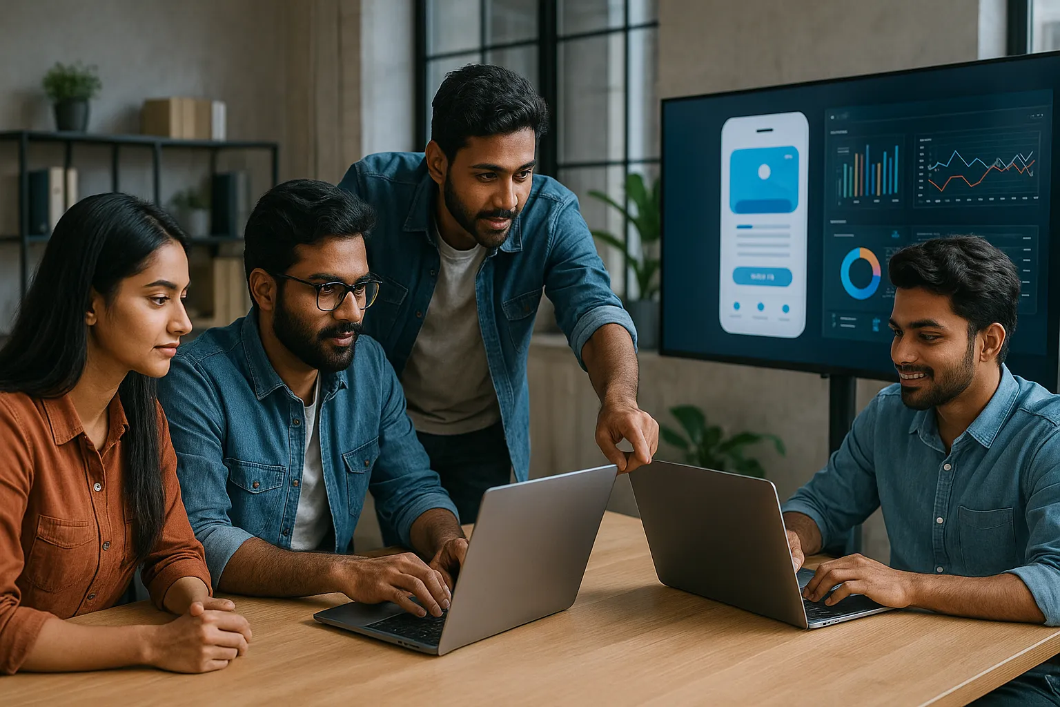 “Mobile app developers in Chennai working on future-ready tech like AI and real-time dashboards in a modern workspace
