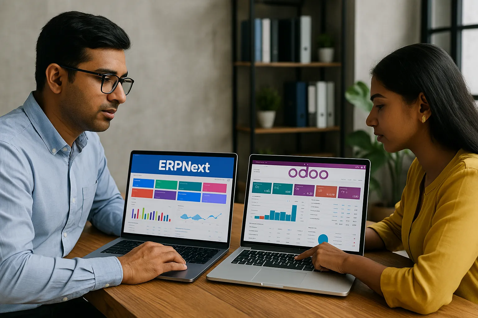 Two Tamil Nadu business owners comparing ERPNext vs Odoo dashboards on laptops in a modern workspace