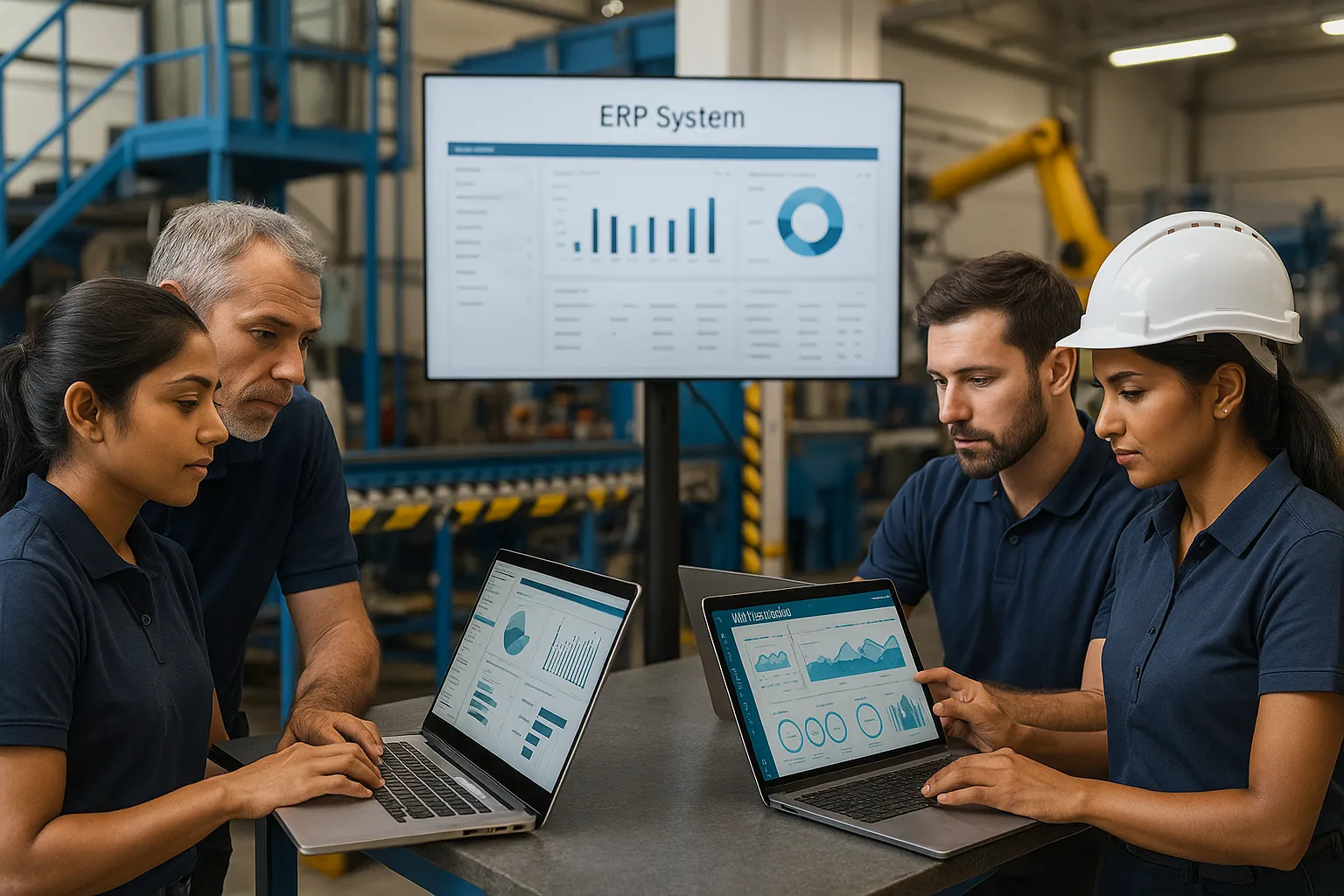 Manufacturing team using ERP and IoT dashboards in a smart Indian factory environment
