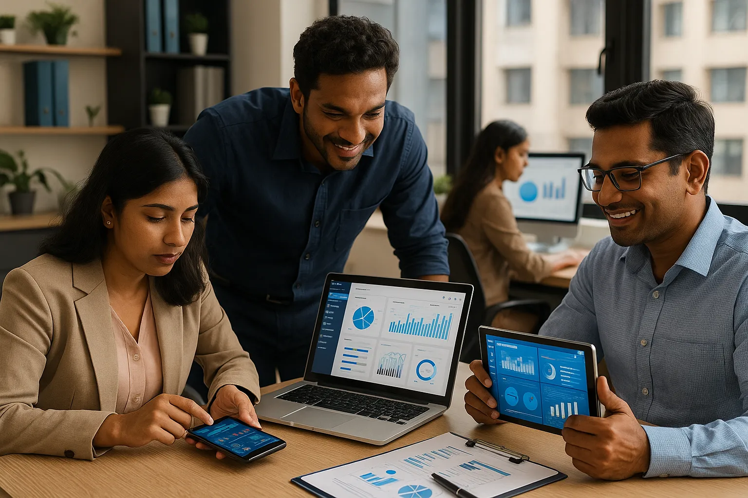 Chennai business professionals using digital tools and mobile dashboards to streamline operations in a modern office environment