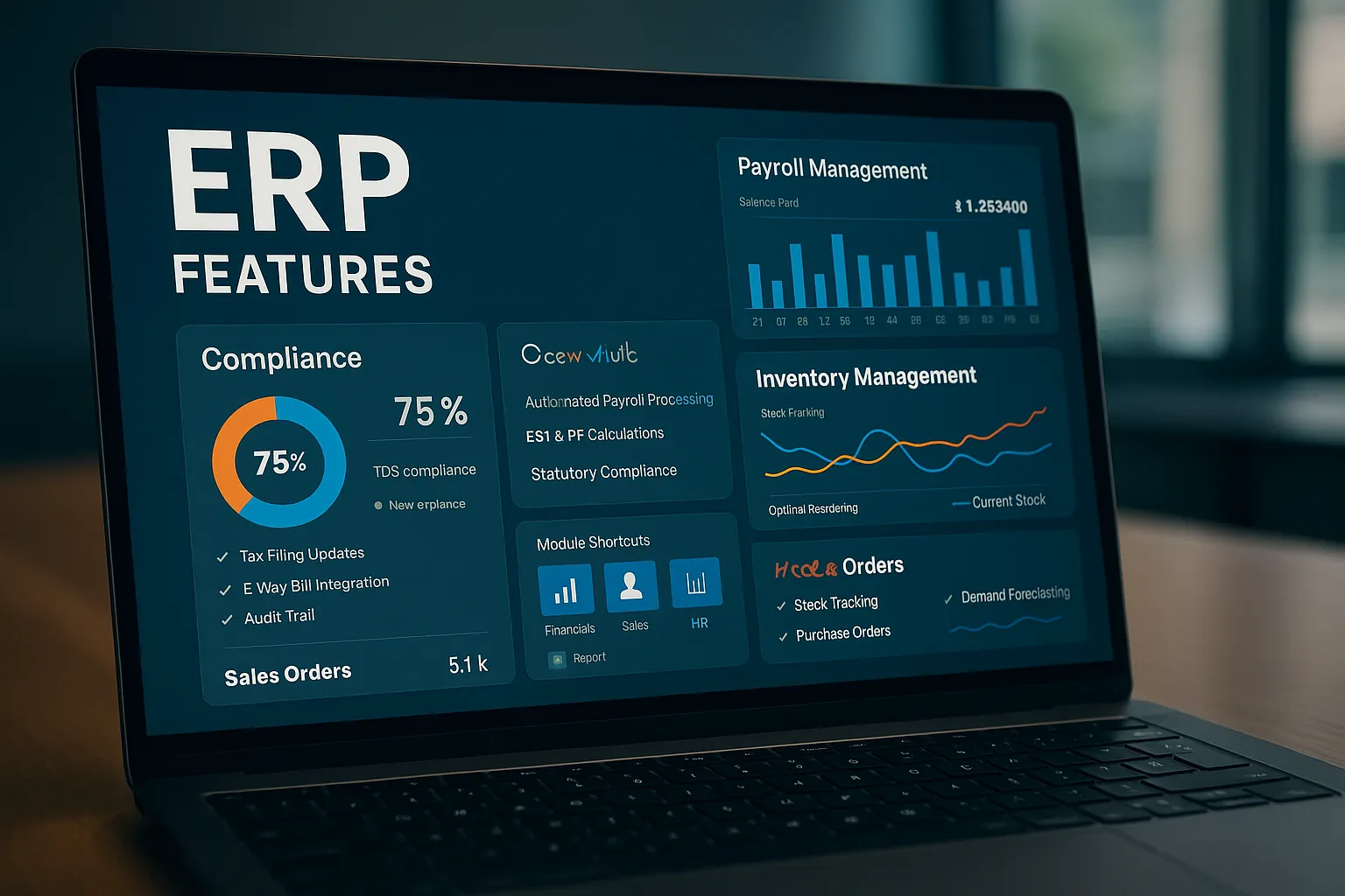 ERP dashboard showing compliance, payroll, and inventory features for Indian companies in 2025