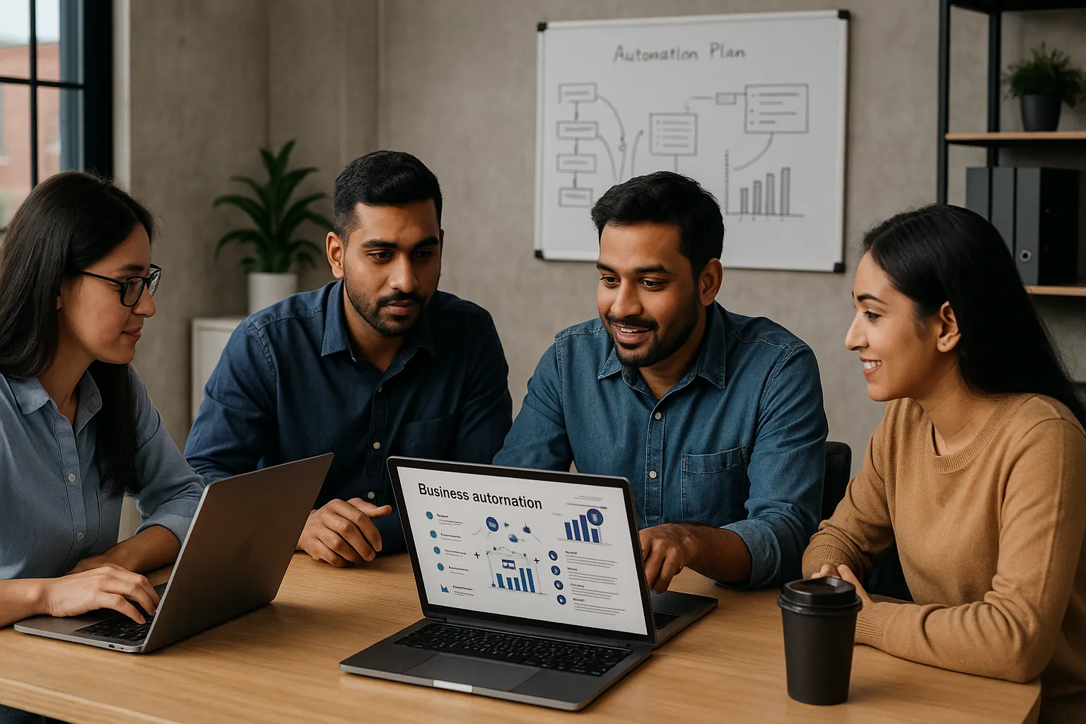 Custom software development team in Chennai planning business automation on laptops in a modern workspace