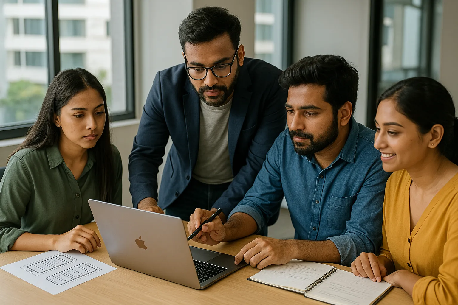 Custom app development team in Chennai working with a startup on a mobile application design in a modern office.