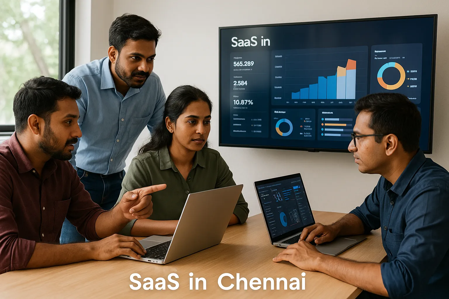 SaaS in Chennai – Tech4LYF engineers discussing dashboards and reports in a modern workspace