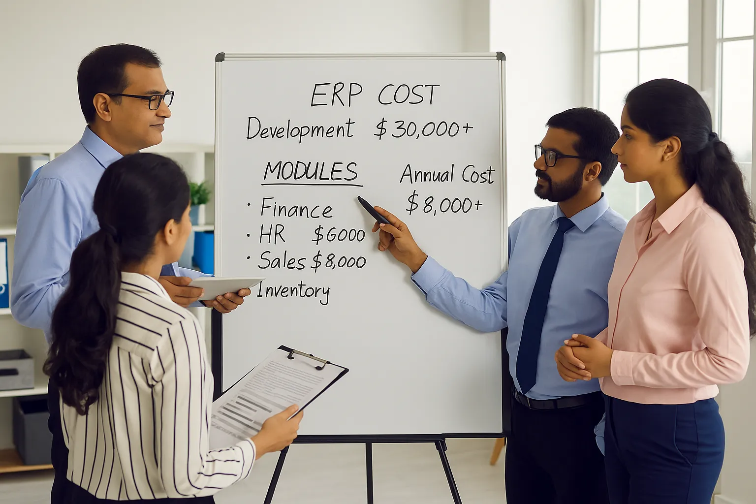 Team of Indian professionals calculating ERP development costs on a whiteboard