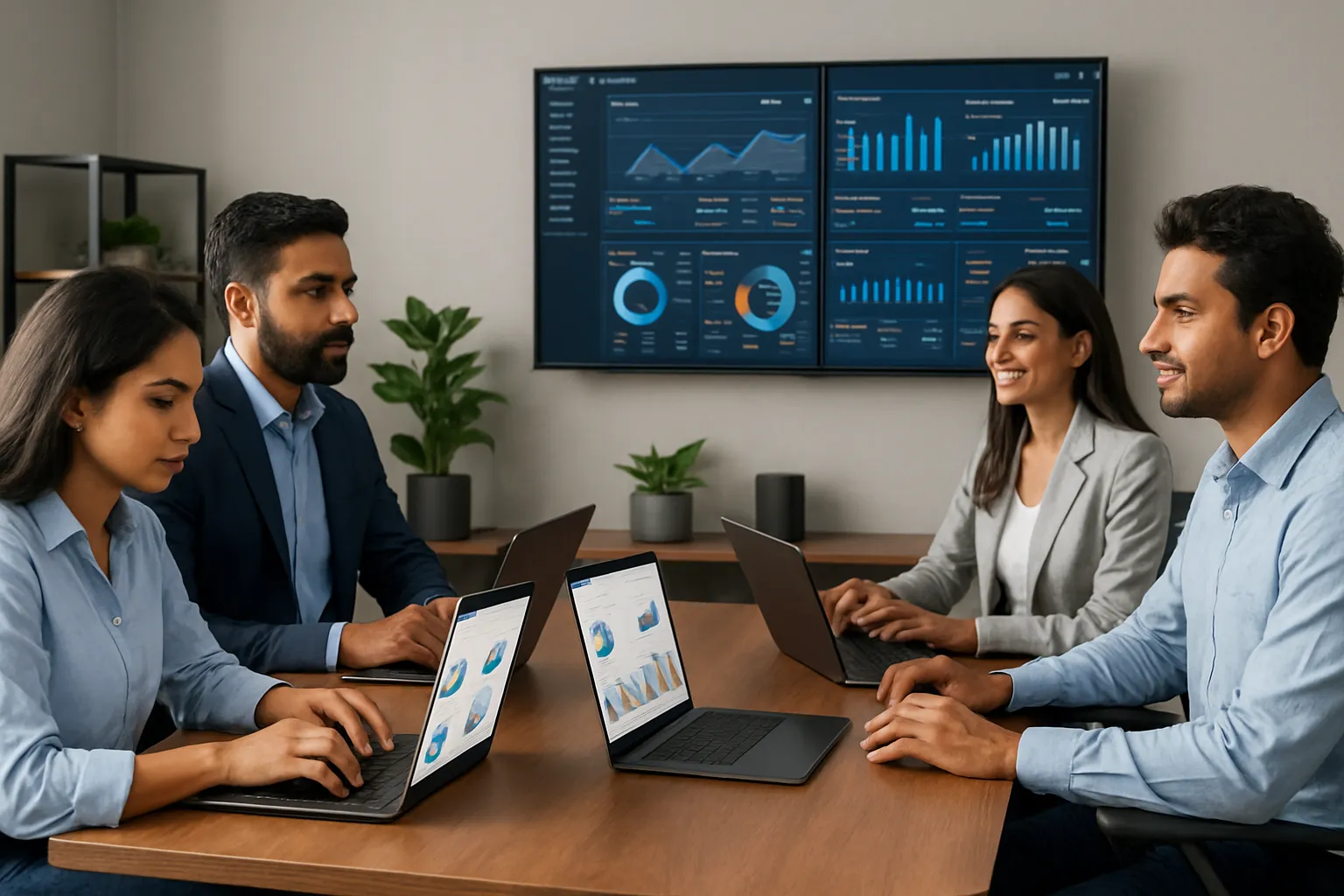 "Chennai-based enterprise team using Tech4LYF’s digital transformation tools on laptops and dashboards in a smart office"