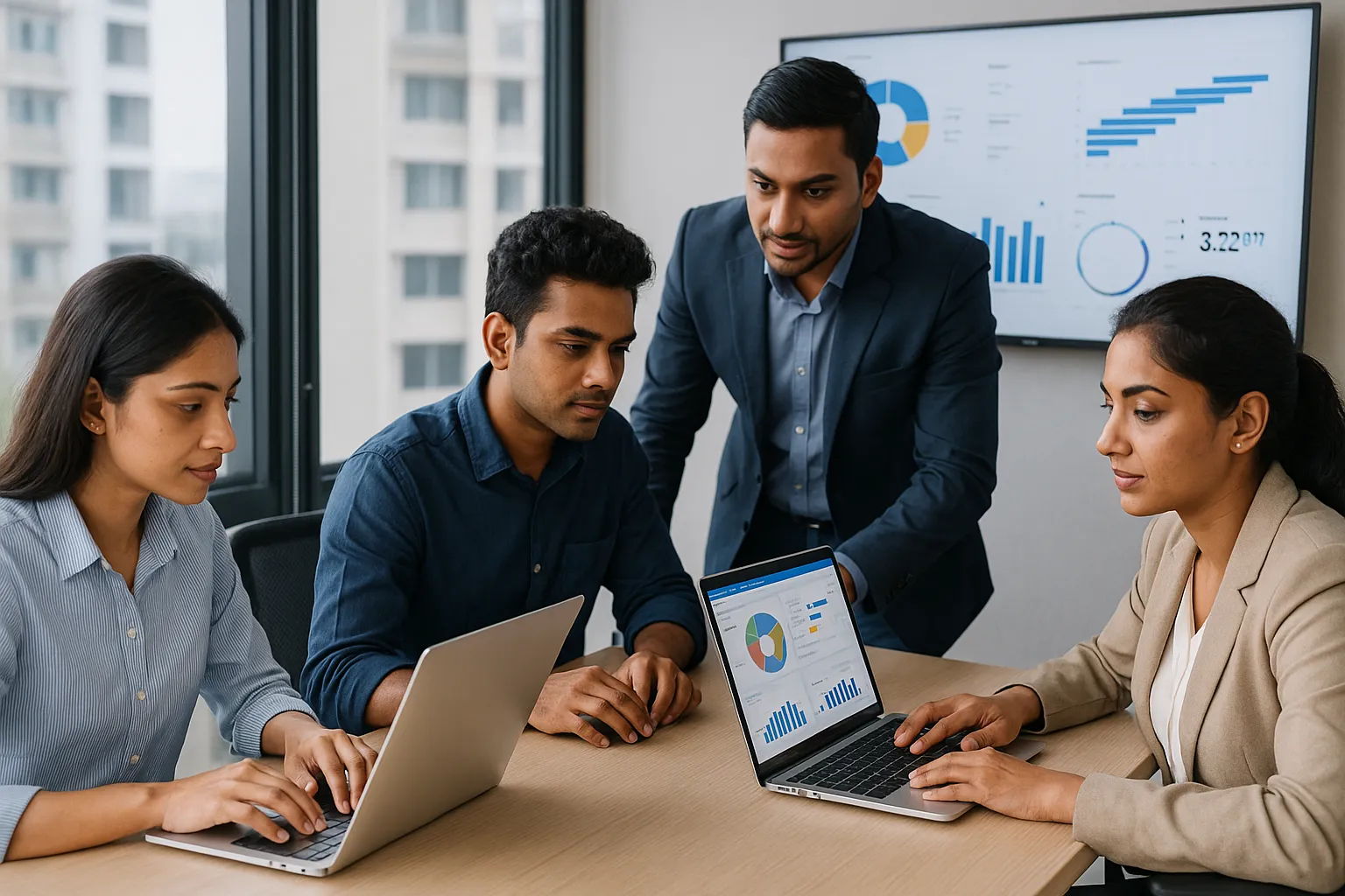Business digitization in Chennai – professionals using tech dashboards and laptops to streamline operations in 2025