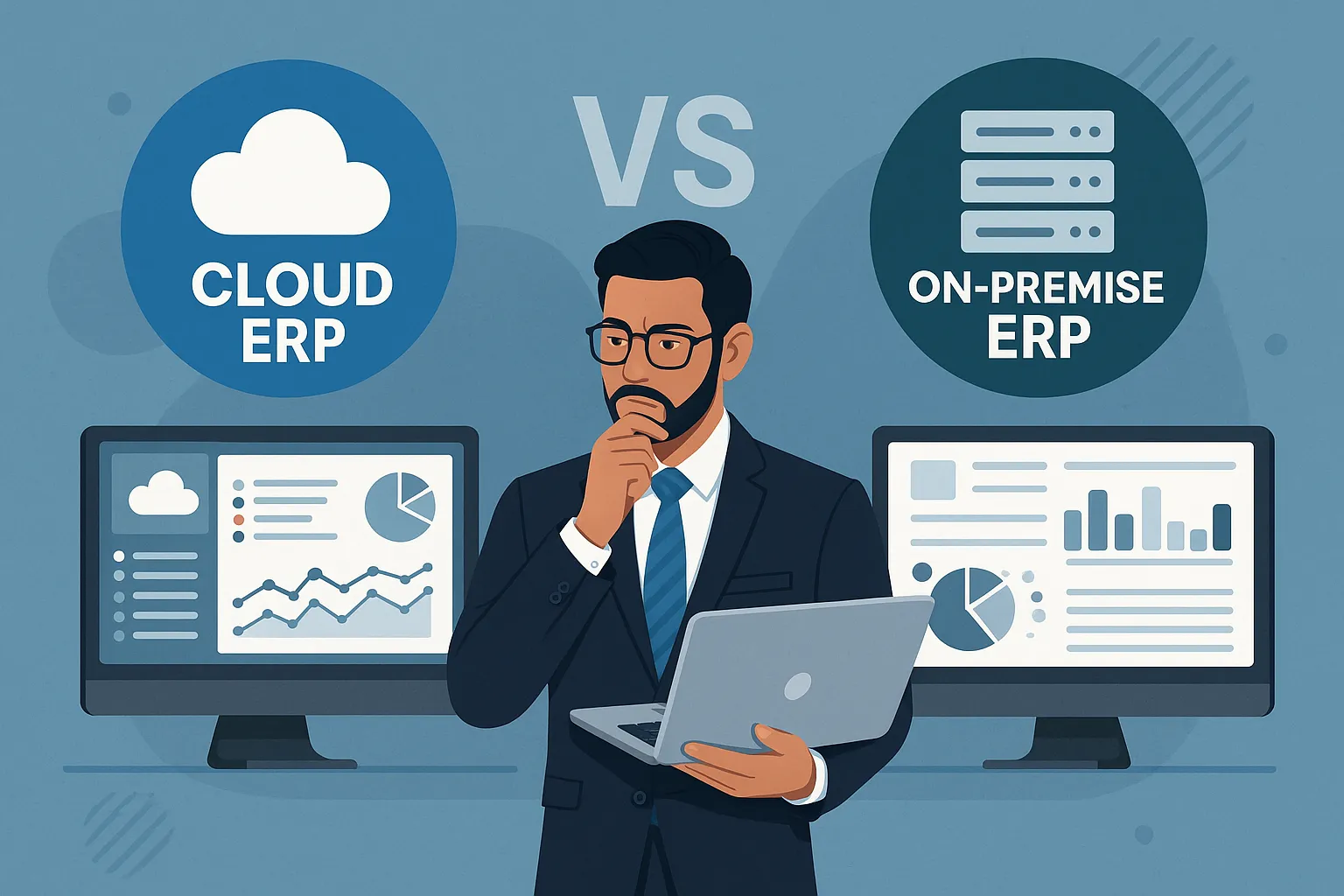 Business owner in India comparing Cloud ERP vs On-Premise ERP on two dashboards in a factory office