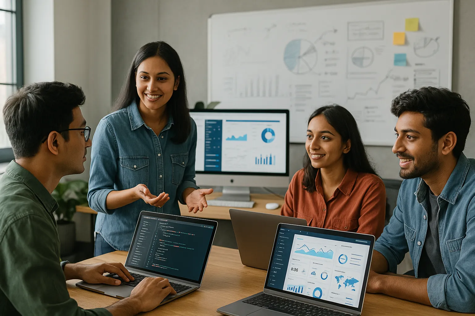 “Chennai developers building SaaS applications on laptops in a collaborative office environment with dashboards and whiteboards”