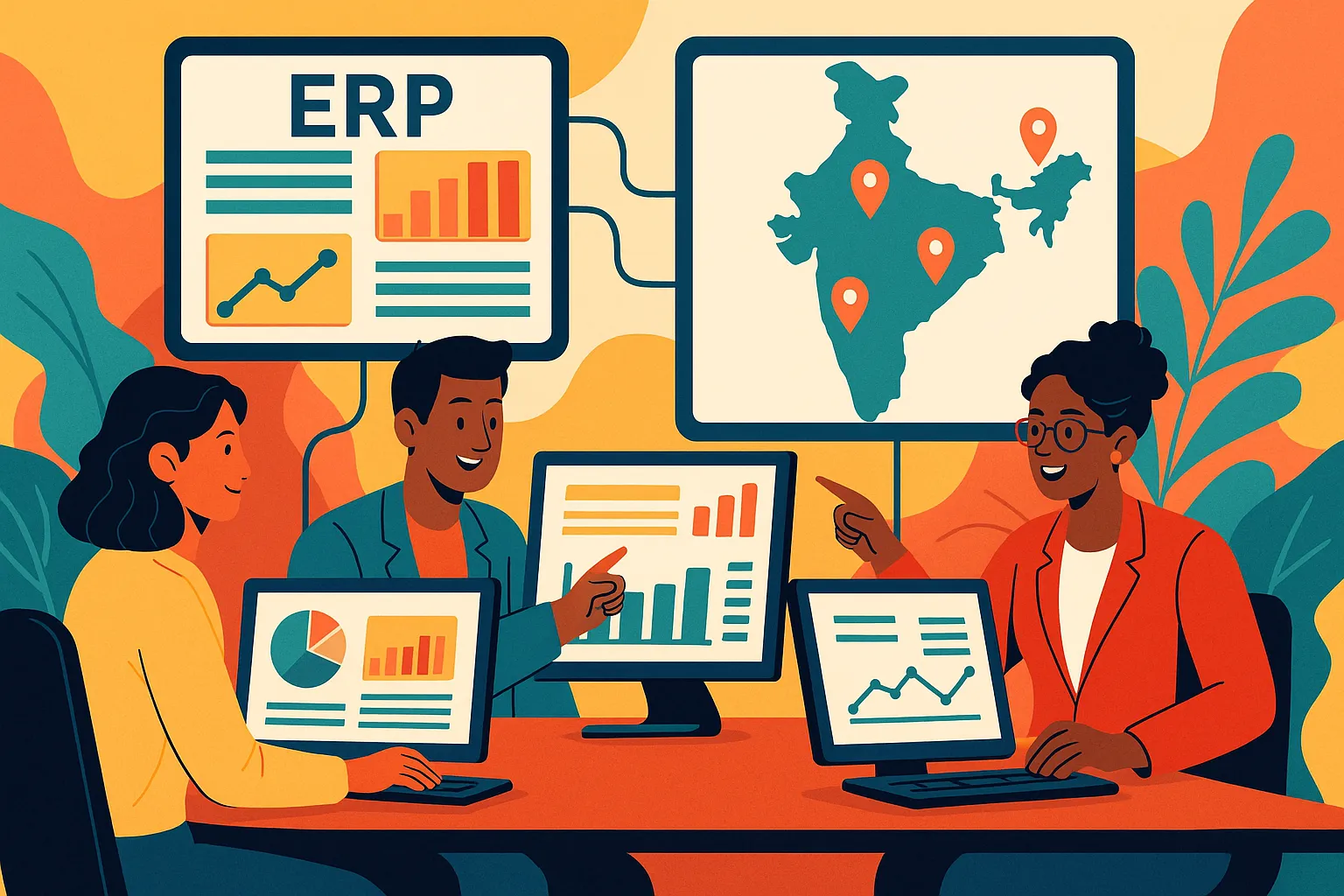 ERP for Multi-Site Operations in India 2025 – Managers using dashboard across locations