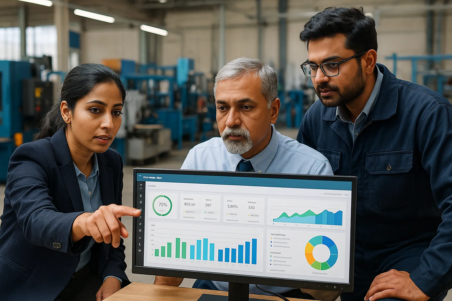 Chennai business managers using a custom ERP dashboard on-site for manufacturing and GST compliance
