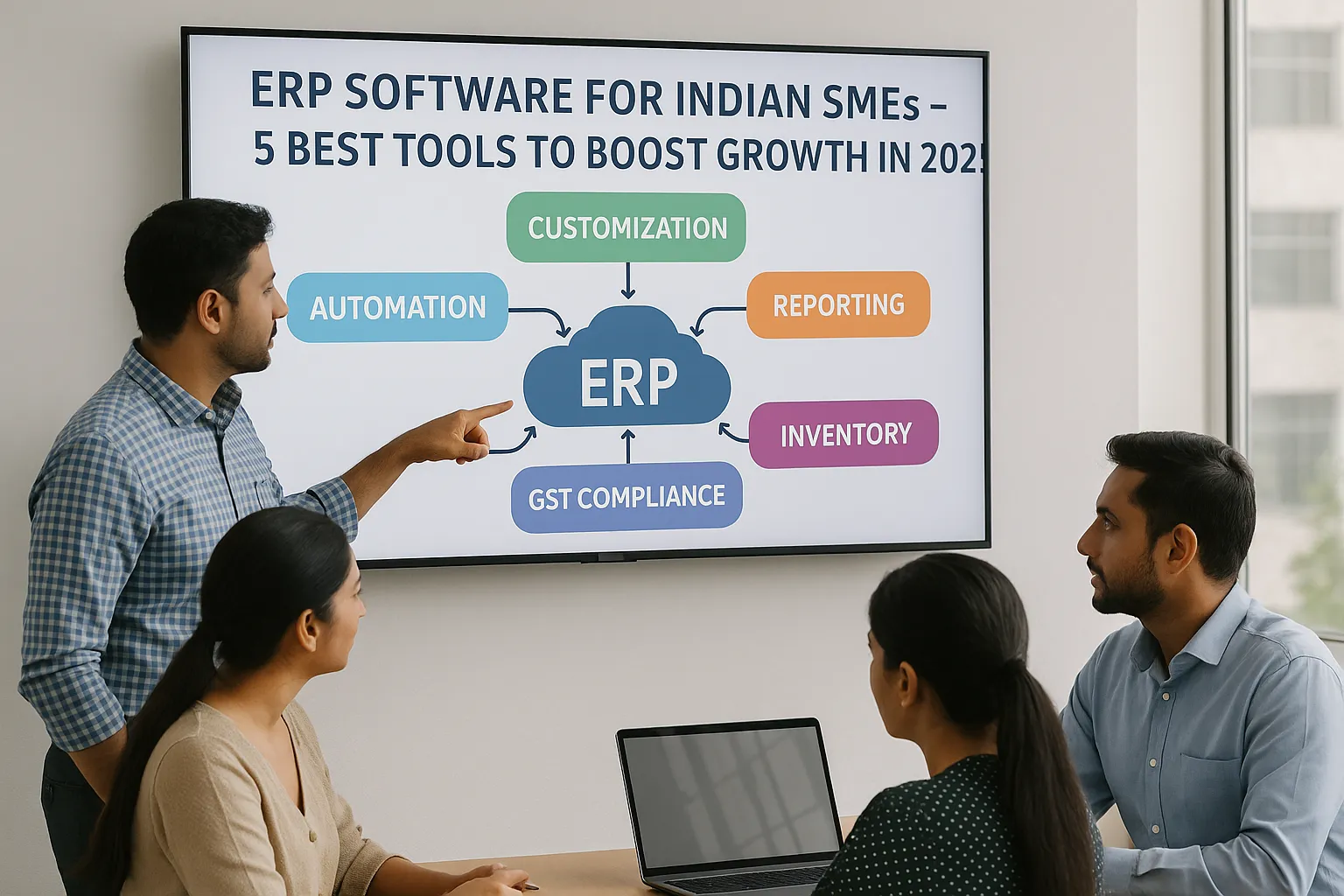 Team of Indian SME owners evaluating ERP software options on a smart board for business automation and GST compliance
