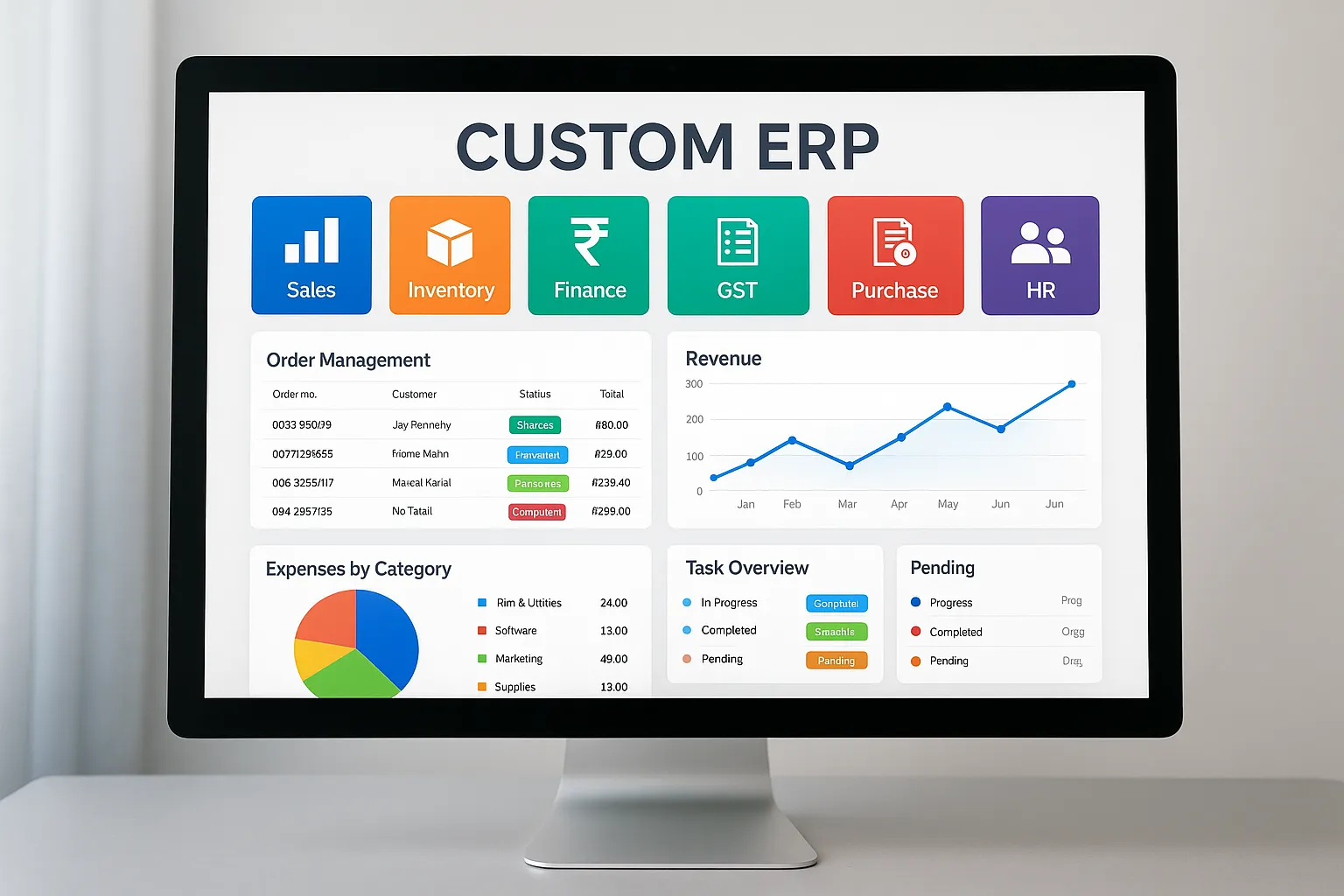 Custom ERP system dashboard designed for businesses in Chennai with local modules and GST compliance