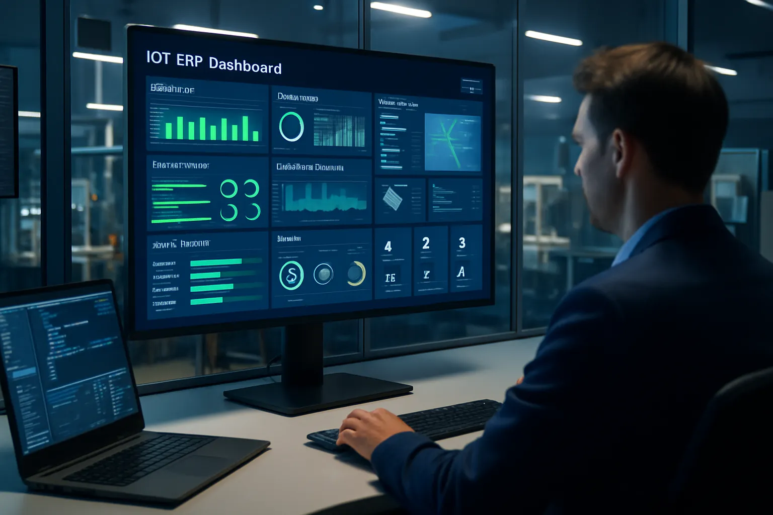 IoT ERP dashboard displaying live business performance and analytics in a smart control room