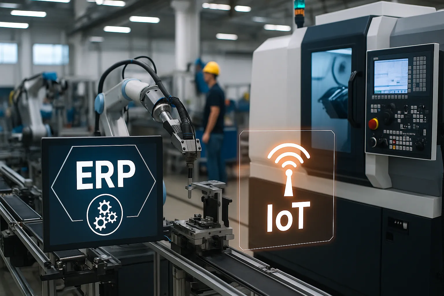 IoT and ERP in manufacturing – real-time dashboard displaying machine data and production analytics inside a smart factory, 2025