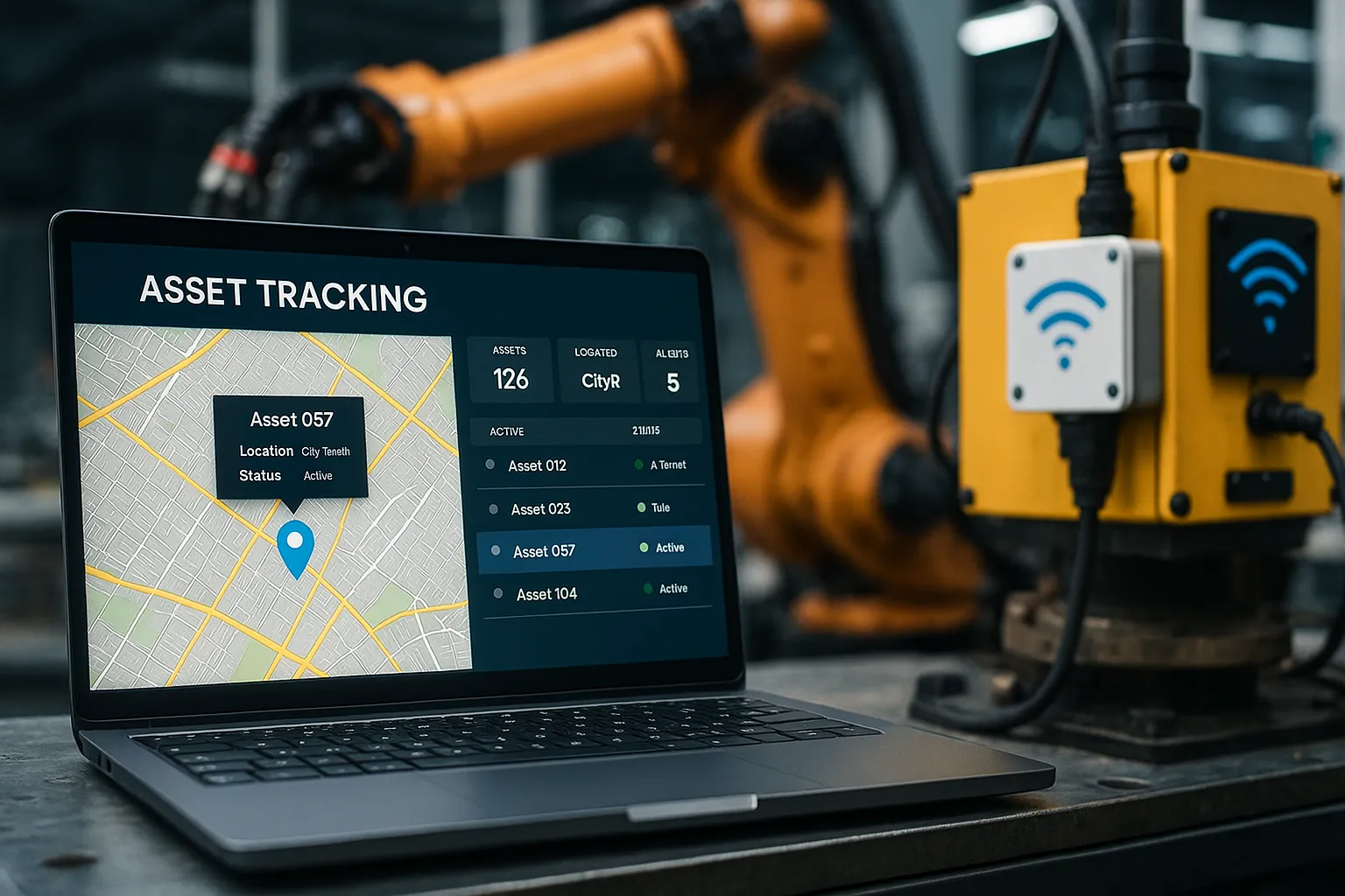 IoT asset tracking dashboard showing real-time asset location and status in a smart industrial environment