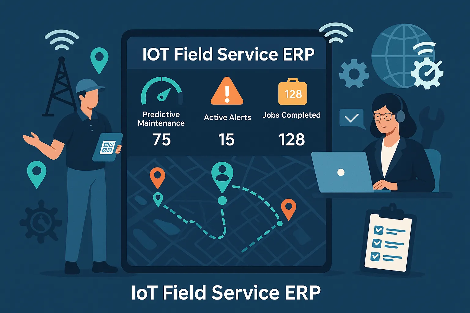 IoT field service ERP dashboard showing real-time technician tracking and service alerts
