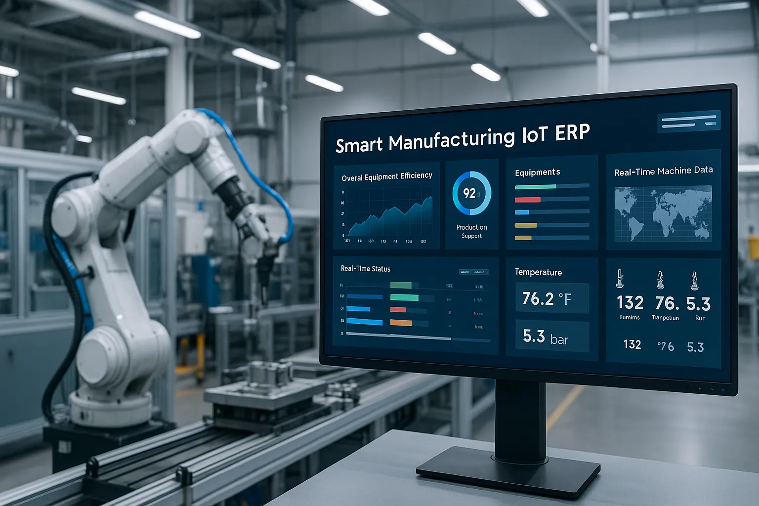 Smart manufacturing IoT ERP dashboard in a factory displaying real-time machine data