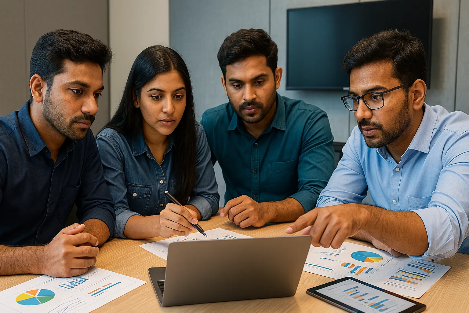 Four Indian mobile app developers discussing app development cost breakdown at Tech4LYF Chennai office