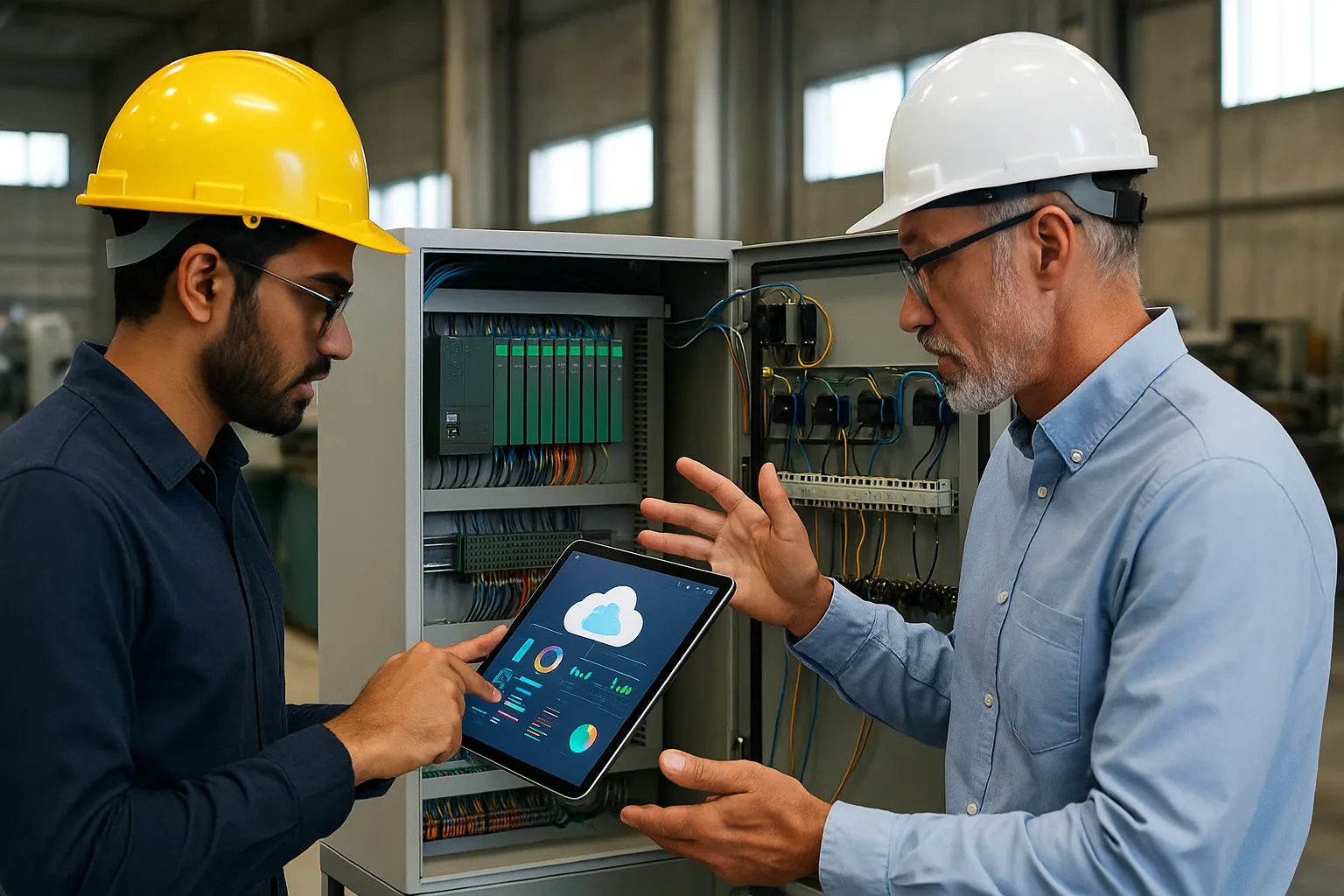Engineers working on PLC integration and cloud dashboard in Chennai smart factory