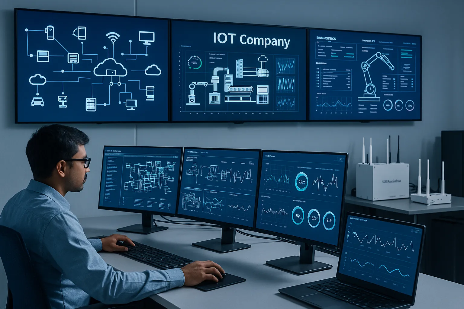 A modern Chennai IoT company’s control room with connected devices and real-time monitoring dashboards