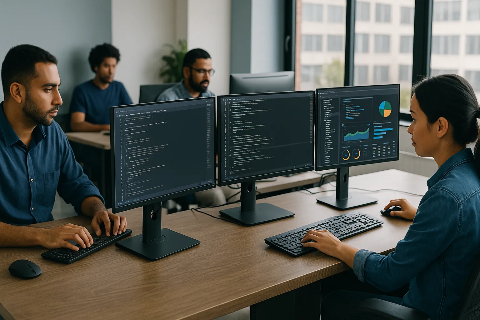 Modern Chennai office with software developers working on large screens displaying code and application dashboards