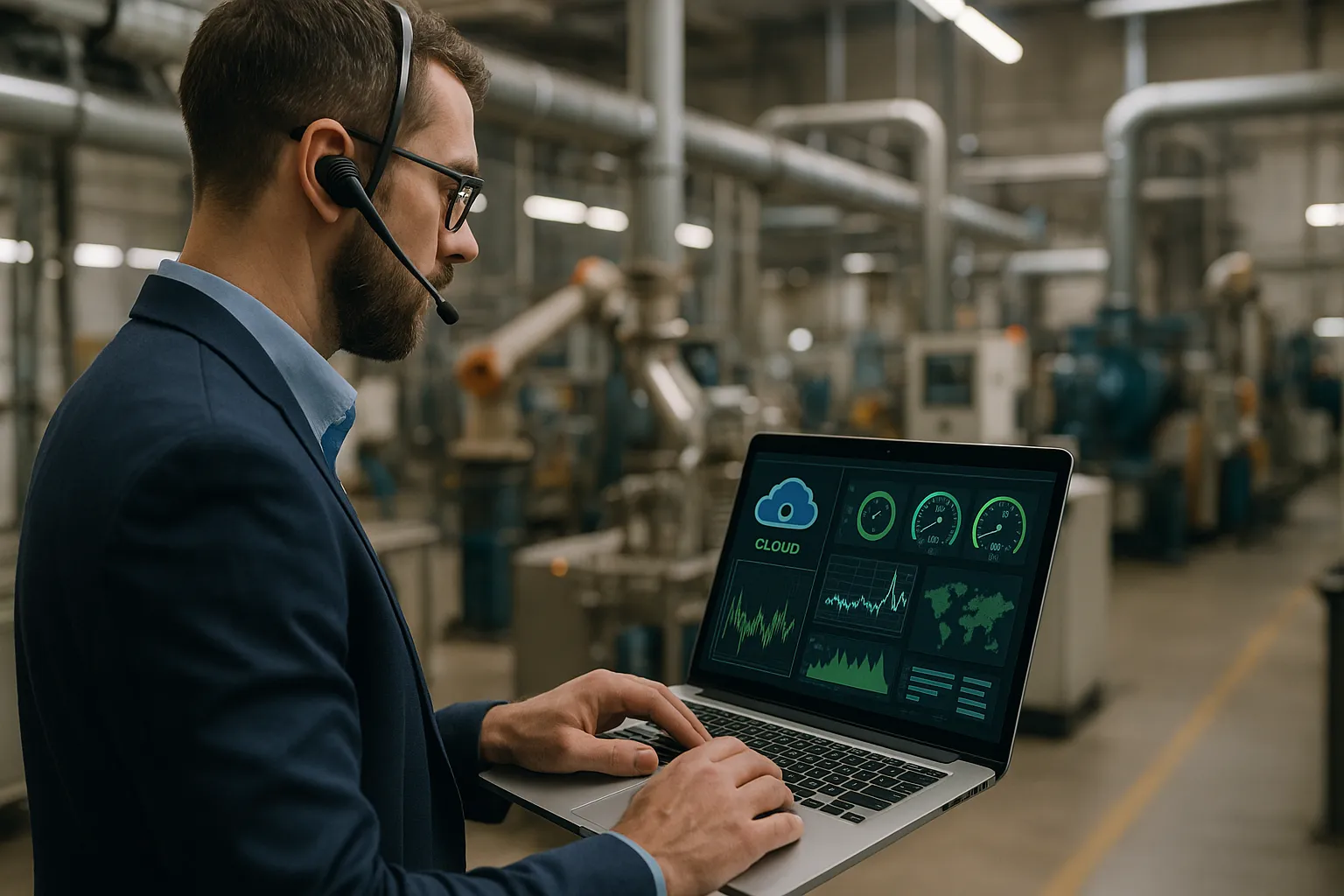 Engineer monitoring cloud-connected factory equipment on a real-time dashboard