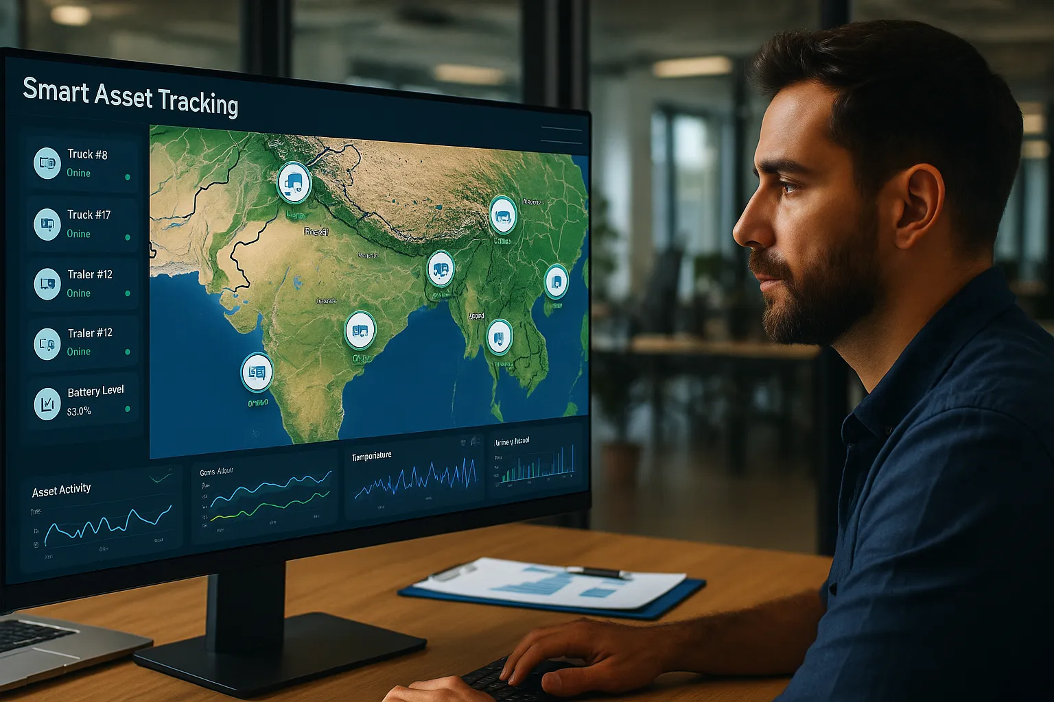 Map-based dashboard showing remote asset tracking by Tech4LYF IoT system