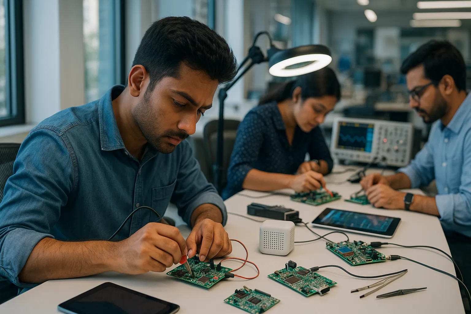 IoT development companies in India – engineers working on circuit boards and connected devices in a modern electronics lab.