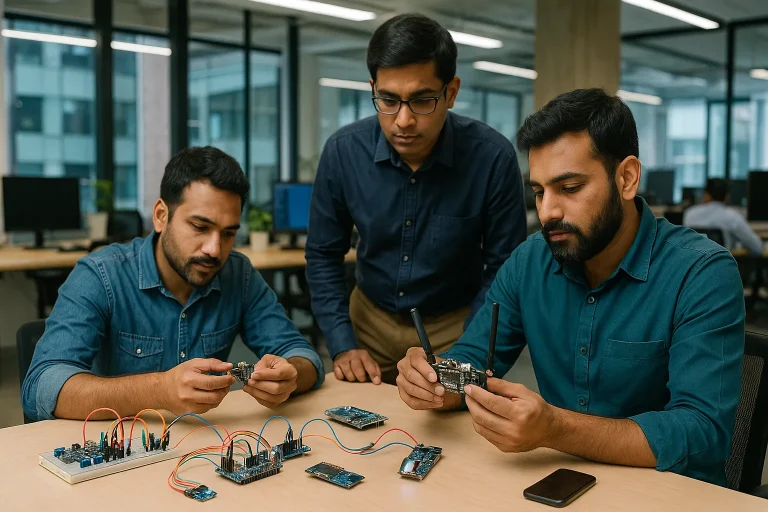 IoT companies in Bangalore – engineers testing connected devices in a modern lab setting.