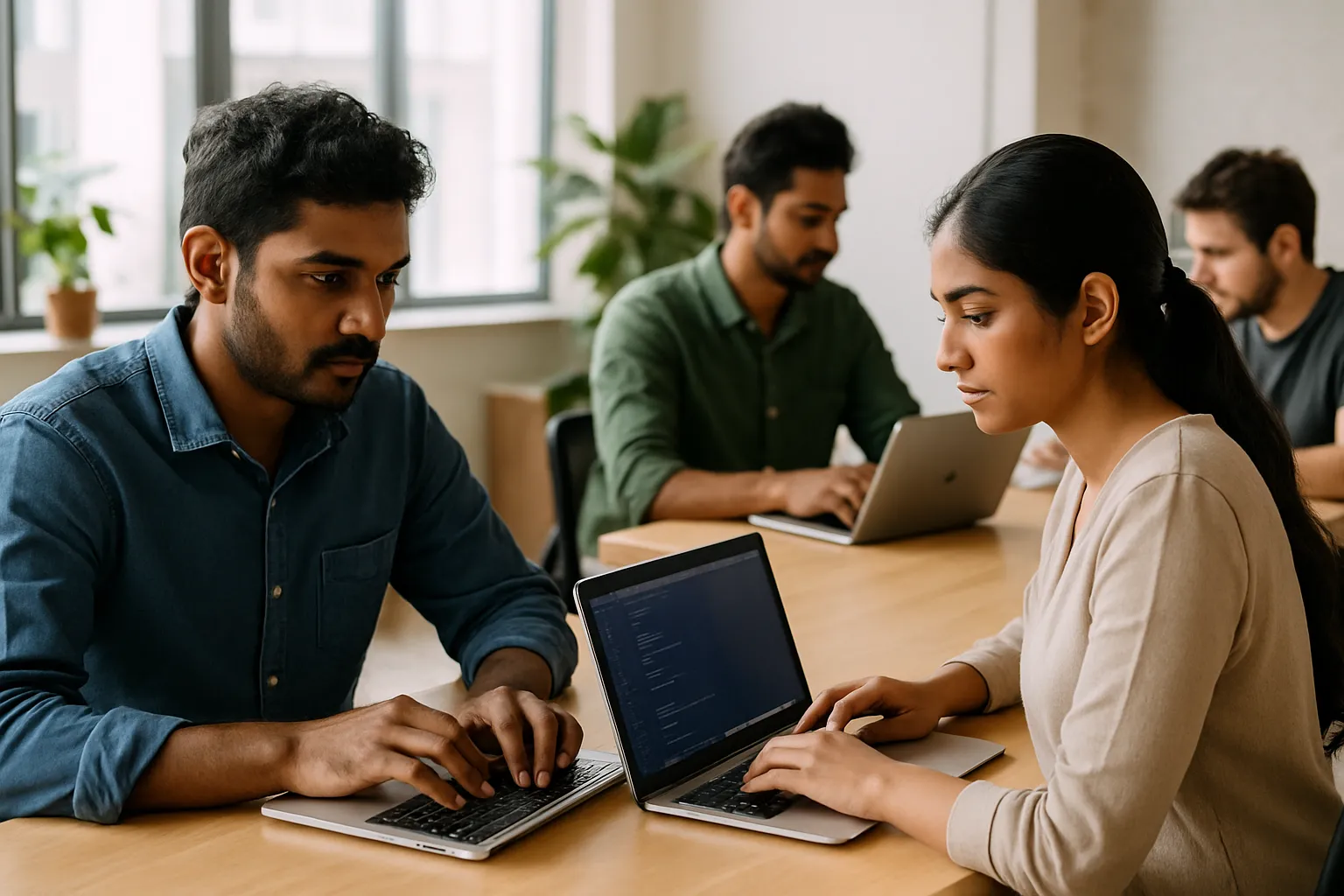 “Modern mobile app development team in Chennai using Flutter framework on laptops in a collaborative workspace – natural lighting, no text or icons”