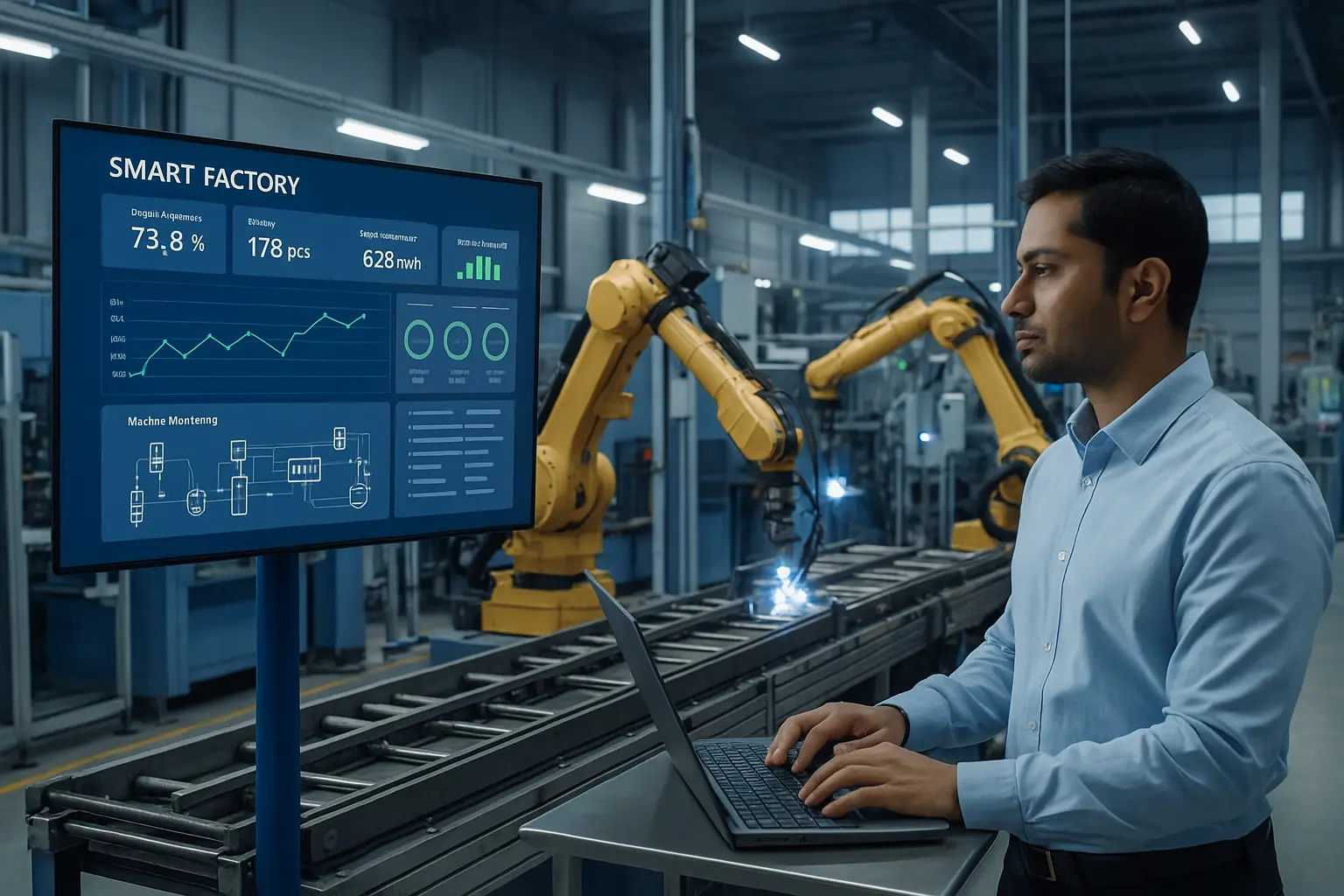 Industrial IoT engineer in Coimbatore factory using smart dashboard for real-time machine monitoring and automation