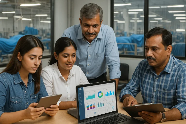 ERP software for textile industry in Coimbatore factory setting with team analyzing dashboards