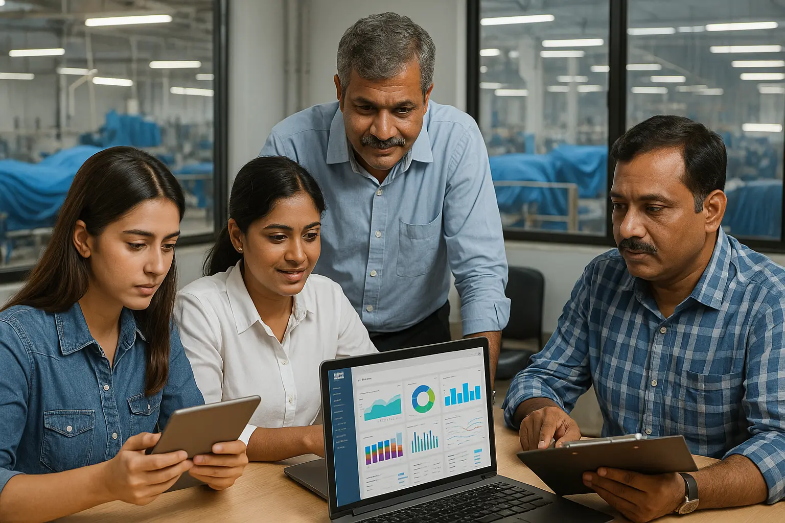 ERP software for textile industry in Coimbatore factory setting with team analyzing dashboards