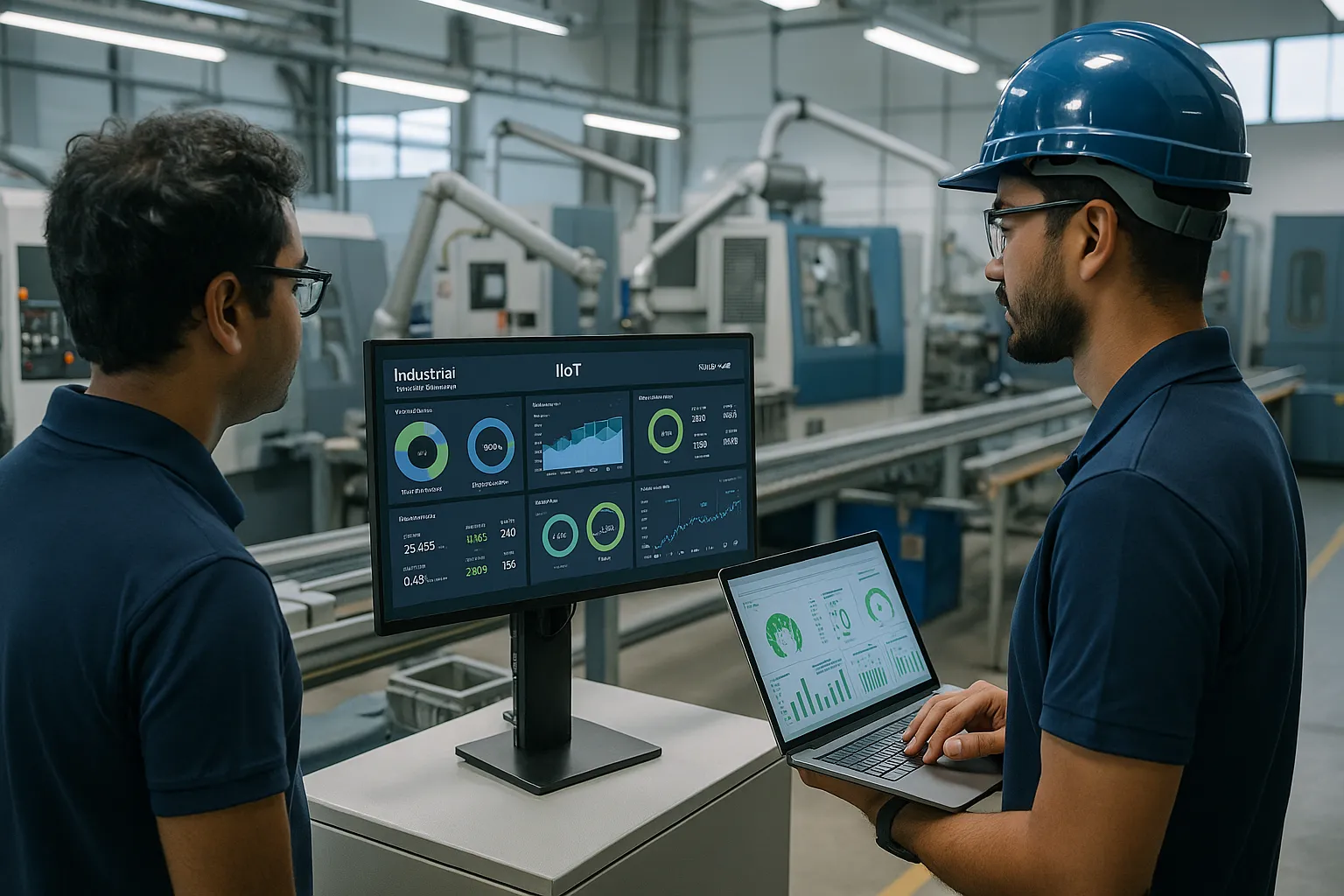 Smart factory powered by Industrial IoT companies in Bangalore with engineers monitoring dashboards