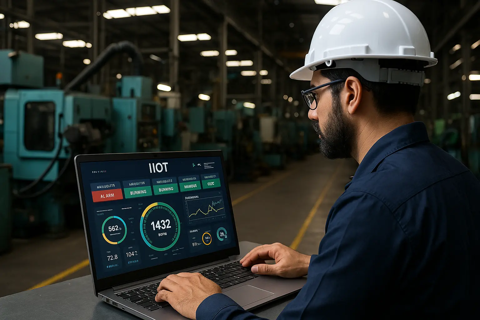 Engineer in Coimbatore factory monitoring IIoT dashboard with machine analytics on a laptop