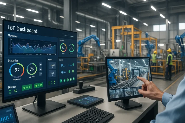 Industrial IoT dashboard in a Chennai factory with connected equipment and real-time monitoring