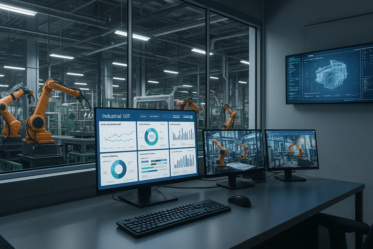 A modern Chennai industrial control room with IoT monitoring screens and connected factory equipment