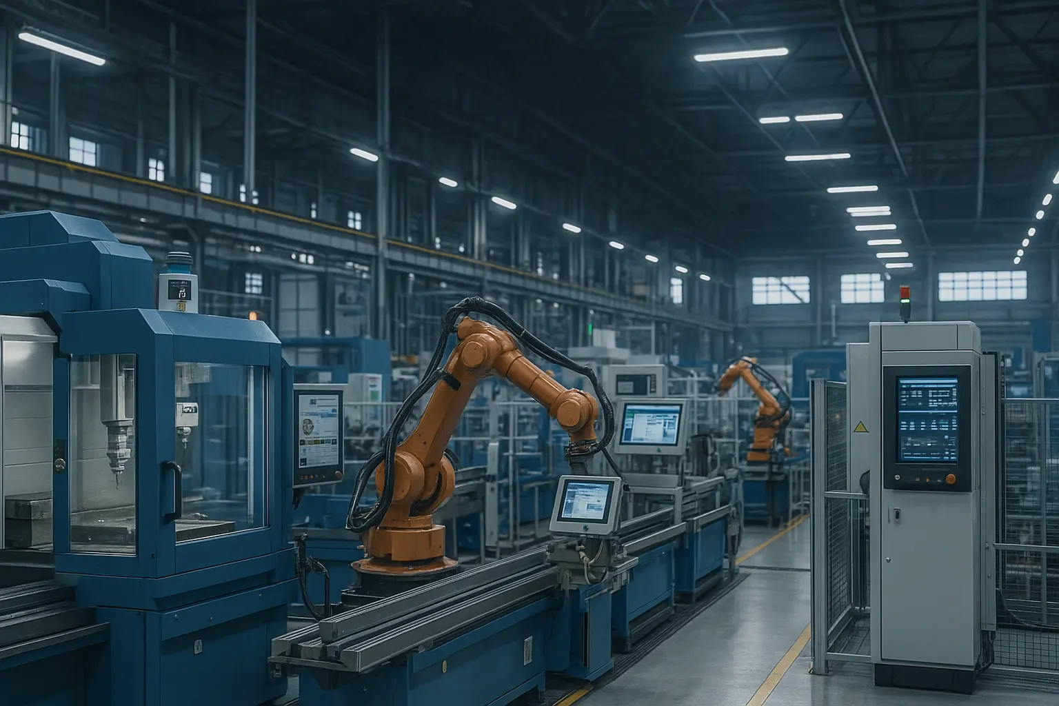 Modern Tamil Nadu factory with IoT-enabled machines, smart sensors, and industrial automation systems in operation