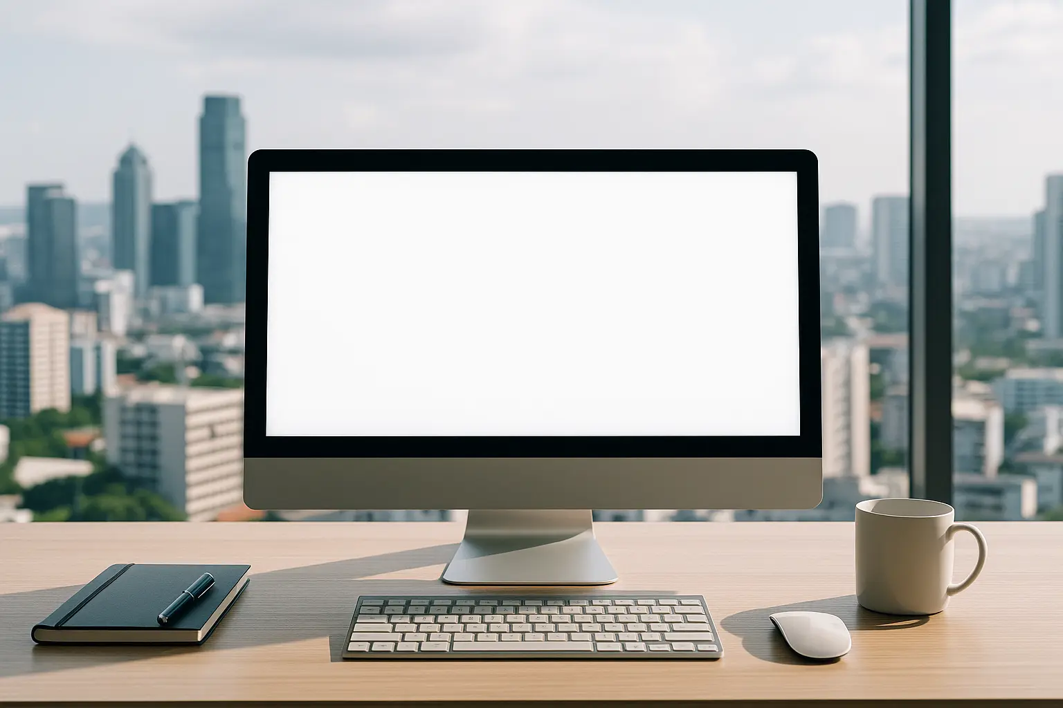 “Modern office desk with computer and Chennai city skyline in background – Mobile App Development Companies in Chennai”