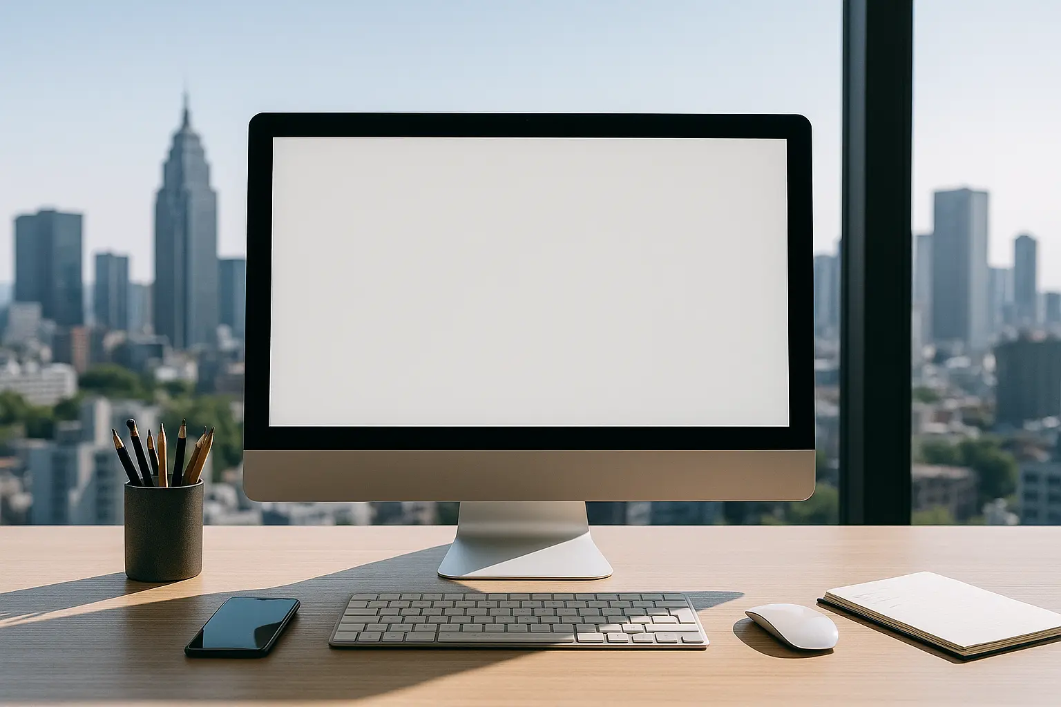 “Modern workspace with computer displaying top 10 mobile app development companies list, overlooking city skyline