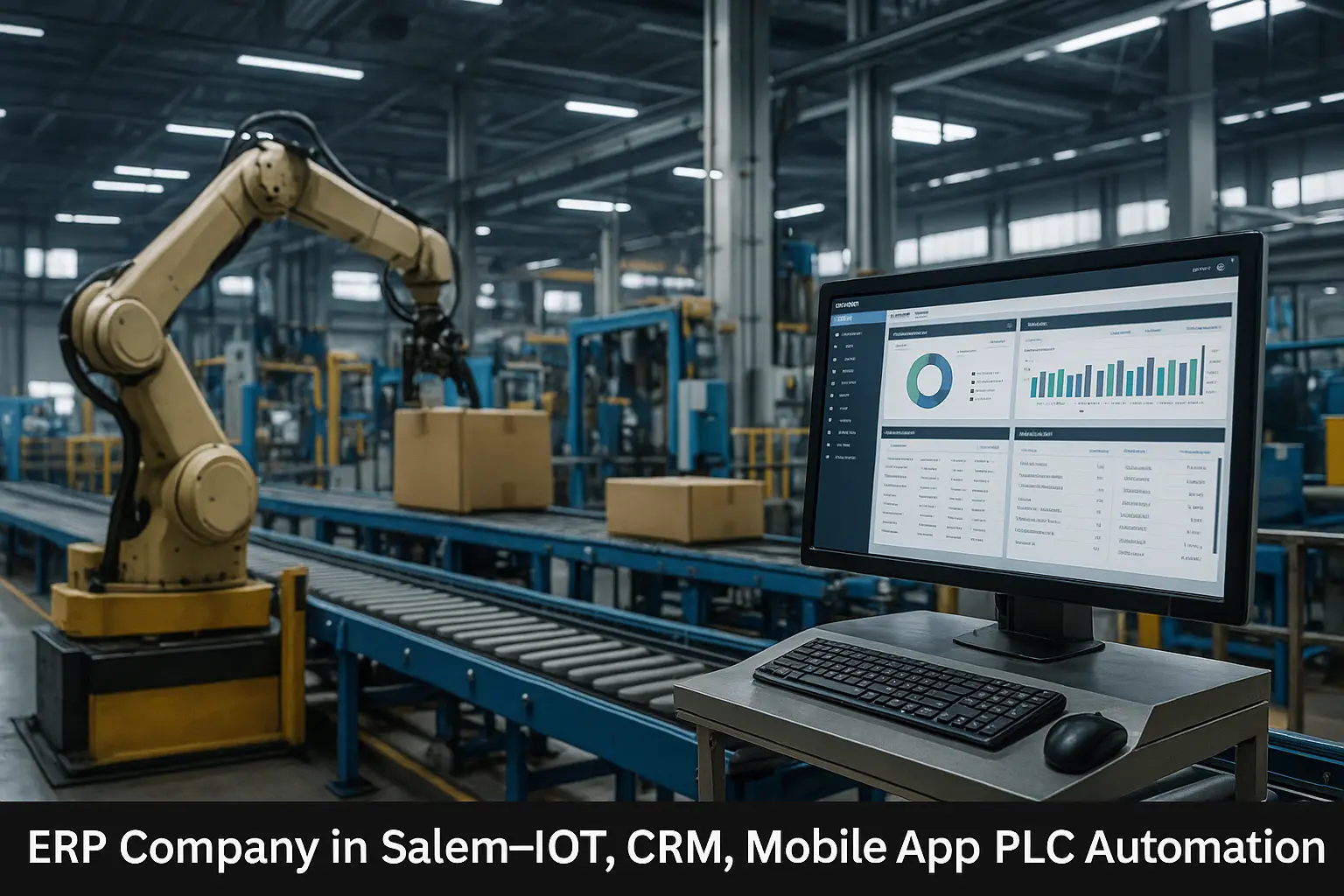 Modern smart factory and ERP system in Salem with IoT, CRM, mobile app, and PLC automation solutions by Tech4LYF