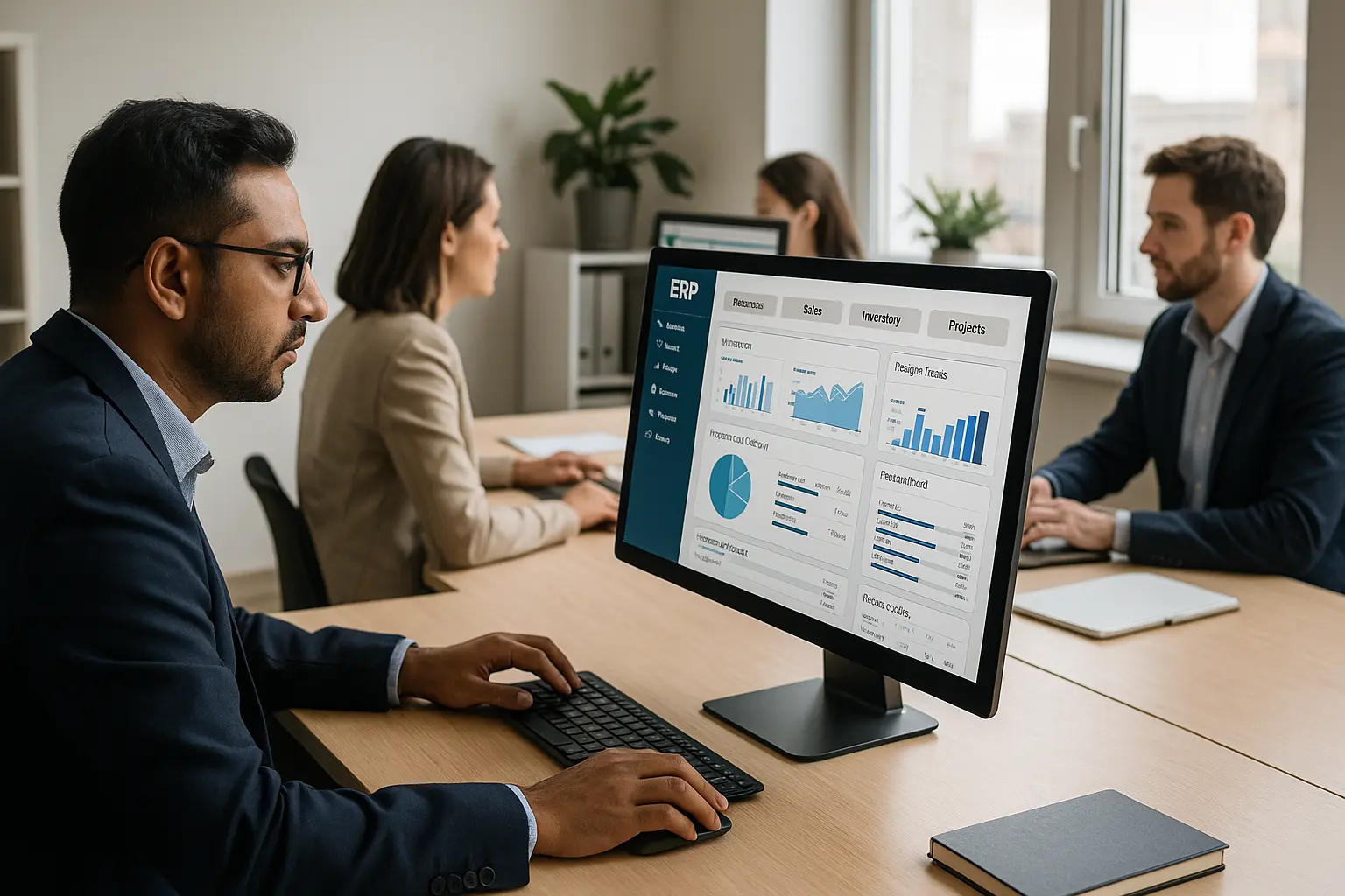 Professionals in a Chennai office working with a custom ERP software dashboard displaying finance, HR, and inventory modules on computer screens