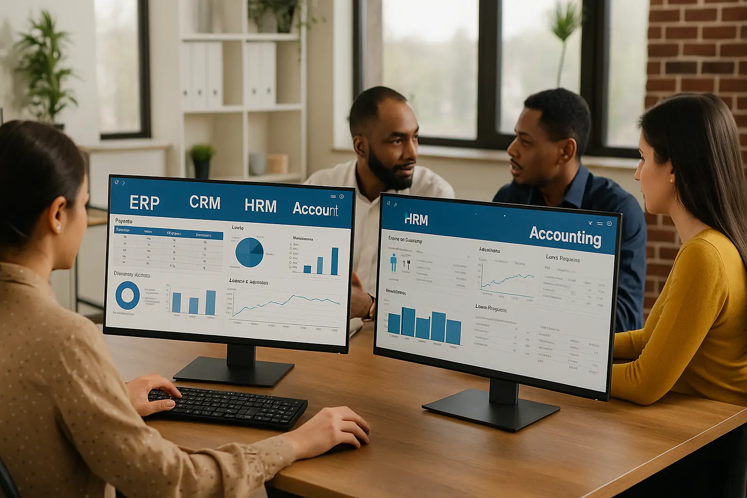 Professionals in a Chennai office collaborating on ERP software that integrates CRM, HRM, and Accounting modules on computer screens