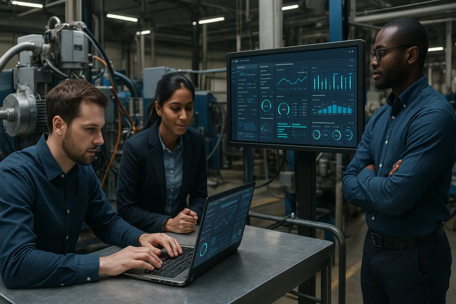 Industrial IoT engineers in Chennai working on smart manufacturing solutions with connected machines and dashboards