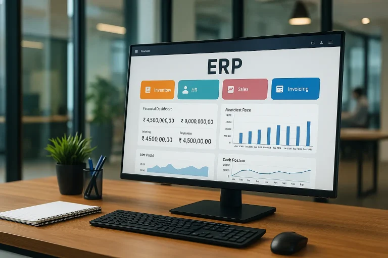 Modern ERP software dashboard with financial, HR, and inventory modules displayed in a Chennai business office