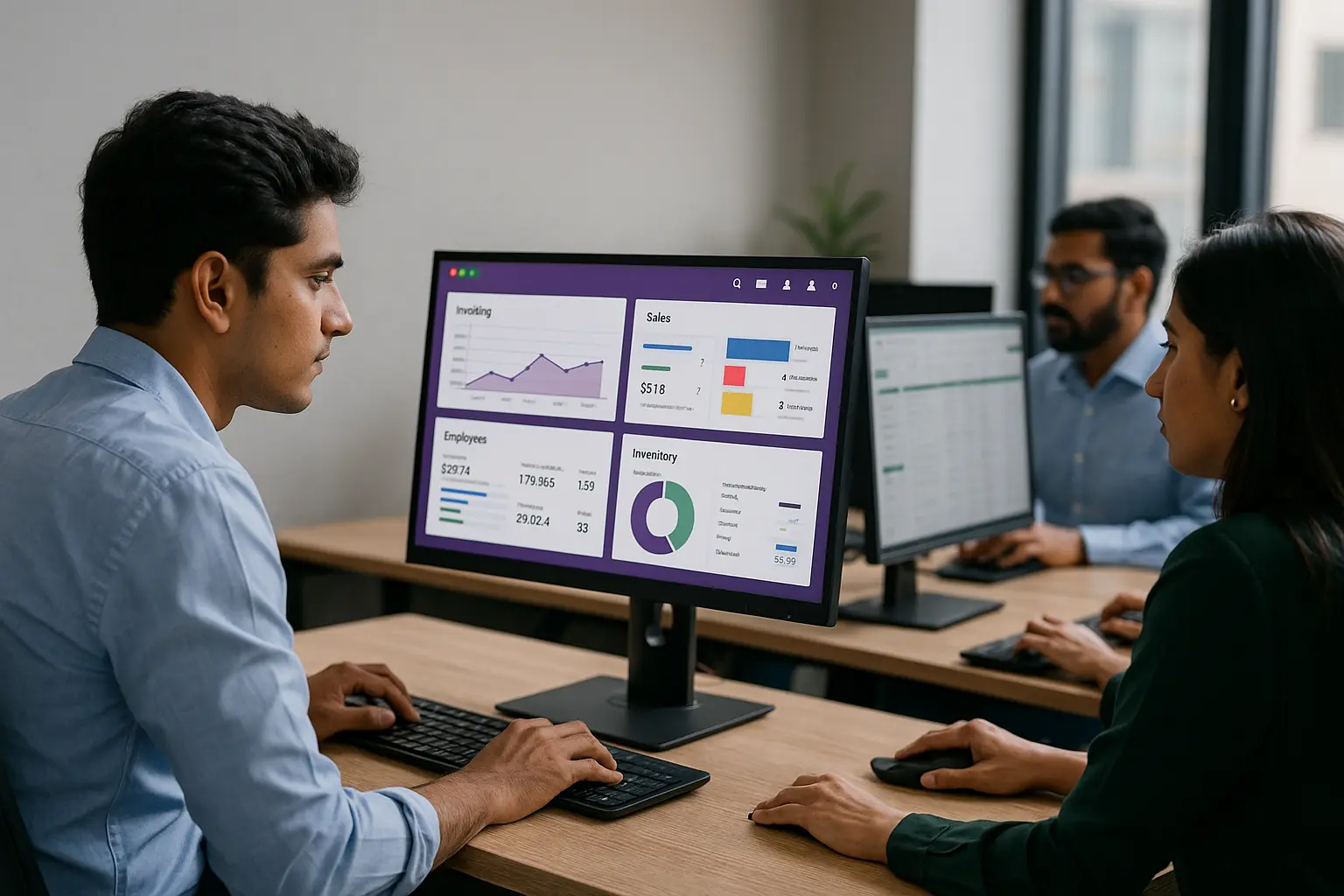 Odoo ERP for small businesses – team in Chennai using ERP dashboard for finance, HR, and inventory