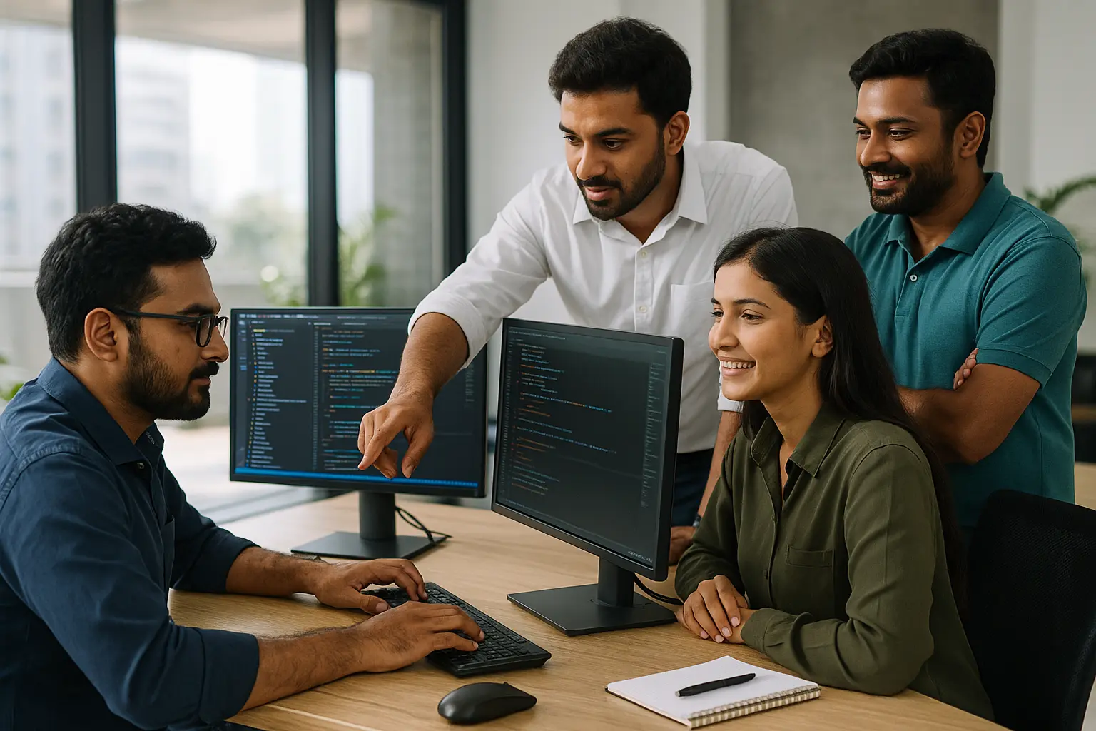 A team of Indian software developers collaborating in a modern Chennai office, working on custom ERP, mobile app, and IoT software solutions